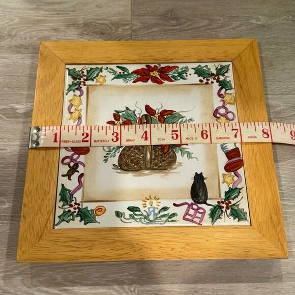Hand Painted Christmas Floral Scene w Cat Glass Tile Framed in Wood Wall Decor - Picture 4 of 5